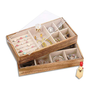 carbonizada con tapa, collar rústico de <span class=keywords><strong>madera</strong></span>, pulsera, anillo, caja organizadora de joyería con 2 capas apilables - Product Image 1