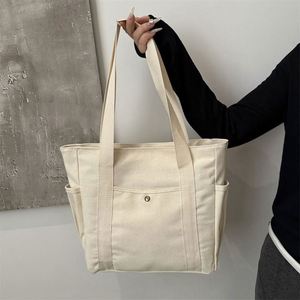 Sacs fourre-tout naturels grande capacité pour étudiants avec poche, sacs à dos en toile blanche pour femmes, sacs de travail et de cours - Product Image 3