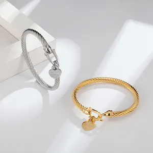 Luxury 316 Titanium Stainless Steel Jewelry Bijoux 18k Gold Plated Cable Wire Cuff Bracelet Forever Love Heart Charm Bangles