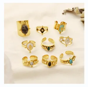 Fashion Women Jewelry Retro Design Star Ring Golden Natural Stone Geometric Gem Rings