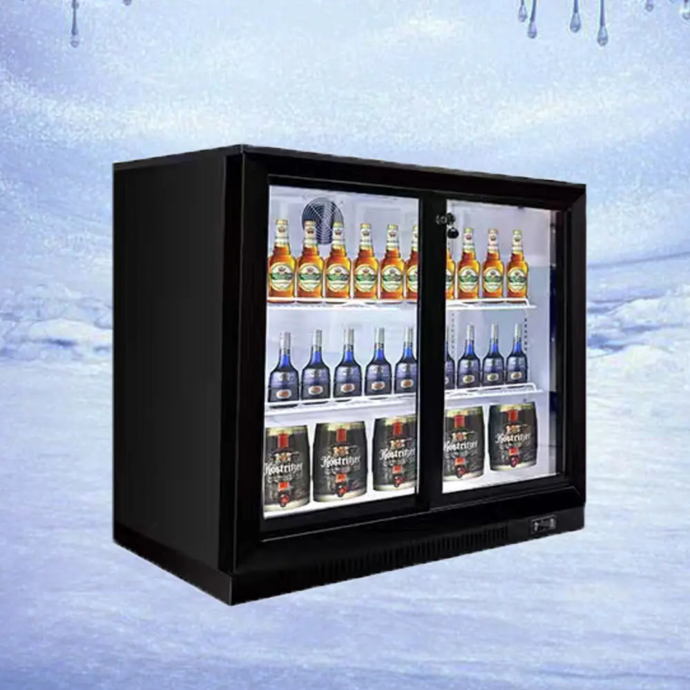 Double glass doors counter black color bar cooler fan cooling upright drinks fridge beer cooler