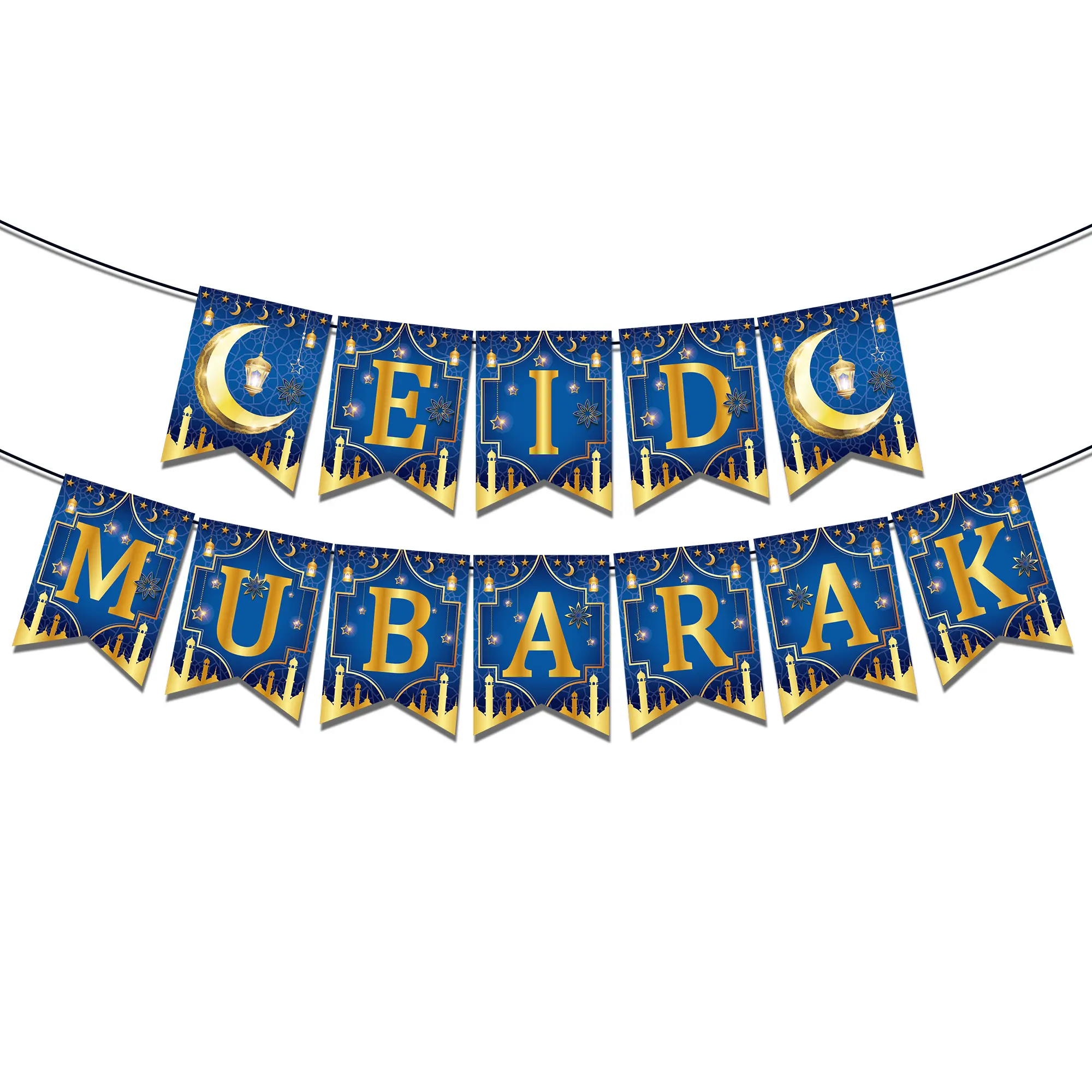 BA391 Eid Mubarak parti afiş İslam festivali kağıt Bunting asılı ay yıldız fener Garland müslüman ramazan süslemeleri