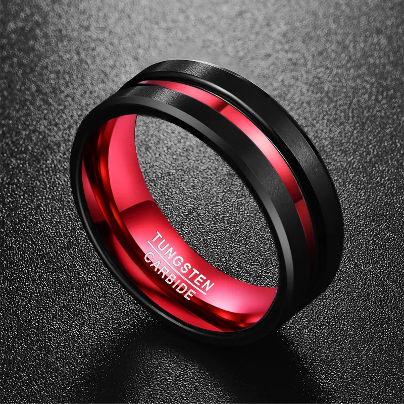 Anel de carboneto de tungstênio, anel personalizado de carboneto de tungstênio preto e vermelho de 8mm, bordas chanfradas