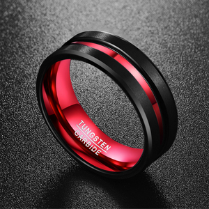 Fashion Personalized 8MM Black and Red <strong>Tungsten</strong> Carbide Ring Matte Finish Beveled Edges