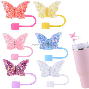 Promotie Tuimelaar Cup Accessoires 10Mm Siliconen Stro Topper Schattige Vlinder Stro Cap Voor Stofdichte Drinkwaren Accessoires - Product Image 1