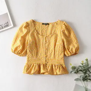 Korean style v neck short sleeve yellow plaids women cute summer slim fit cotton blouse