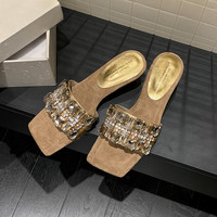 Sandales habillées d'été pour femmes, à talon carré ouvert de 4,5 cm, antidérapantes, avec strass scintillants, semelle TPR, fabriquées en Chine