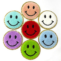 Patch brodé personnalisé à bordure dorée, patch en chenille auto-adhésif motif Smiley pour sacs et vêtements DIY