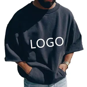 Kualitas Tinggi Logo Kustom Katun Polos T-shirt Pria Kebesaran T Shirt Bahu Jatuh T Shirt Setengah Lengan Bulu