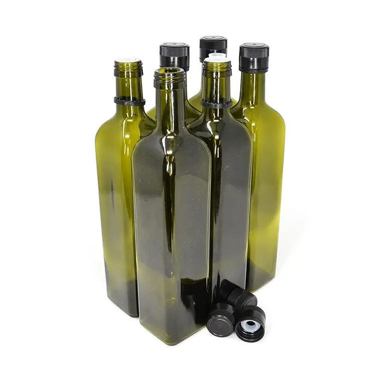 En stock personnalisable 100ml 125ml 250ml 375ml 500ml 750ml 1000ml bouteille en verre d'huile d'olive de cuisson carrée ronde vert foncé