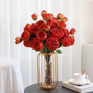 Fleur artificielle en soie, rose à 3 têtes, style européen, orange concubine royale, pour décoration de mariage et de maison - Product Image 2
