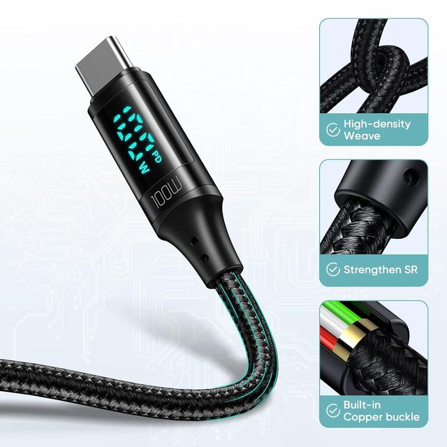 High Speed 100W 5A USB C to C Charging Cable with LED Digital Wattage Monitor Nylon Braided Type C Cable for Phones and Laptops