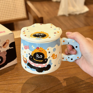 <b>Cute</b> Cartoon Cat Ceramic <b>Mug</b> With Lid Blue Color Single Cup For Home Use Birthday Gift - Product Image 1