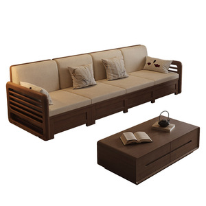 Sofá de Madera Maciza de Cuatro Plazas con Almacenamiento, Estilo Chino Moderno, Tapizado en Tela de Nogal Negro Norteamericano - Product Image 4