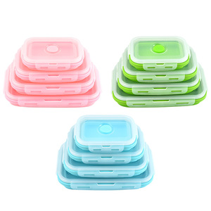 Silicone Folding <b>Lunch</b> <b>Box</b> Set Square Microwave Safe Refrigerator Safe Bento <b>Box</b> With Plastic Lid Blue Green Pink - Product Image 5