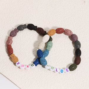 Bracelet élastique unisexe tendance en <span class=keywords><strong>pierre</strong></span> volcanique naturelle colorée irrégulière et acrylique, avec perles lettres – Meilleure vente - Product Image 4