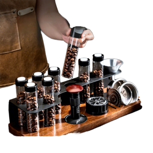 Lot de 6 tubes de stockage de café en bois écologiques de 120g, forme carrée, dose unique, avec valve - Tamper à expresso en bois de noyer noir - Product Image 1