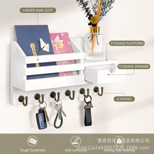 Wooden Wall Mounted Key And Letter Holder With <b>6</b> Hooks Storage <b>Drawer</b> Key Rack Entryway Home Decor - Product Image 4