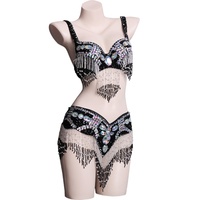 Costume de danse orientale sexy avec soutien-gorge orné de strass et ceinture, ensemble de spectacle de carnaval, jupe à franges pour femmes