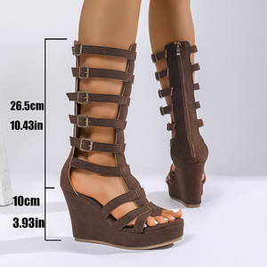 Sandalias de cuña grandes para mujer, estilo europeo y americano, novedad de verano, con plataforma hueca, hebilla de cinturón y punta abierta, estilo romano. - Product Image 4