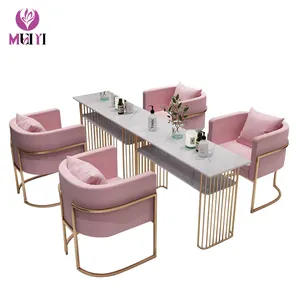 Double Metal Long Tables Vanity Makeup Marble Manicure Furniture Set Nail Salon Table