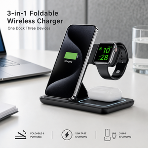 แท่นชาร์จไร้สายแบบพับได้ 3-in-1 รุ่น Universal 15W สำหรับ iPhone 16 15 14 Pro Max Apple Watch AirPods และสมาร์ทโฟน - Product Image 1