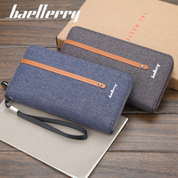 Dompet Pria Vintage Kasual Kanvas dengan Resleting, Panjang, RFID, Multi-Kartu, Clutch Terbuka, Bahan Poliester