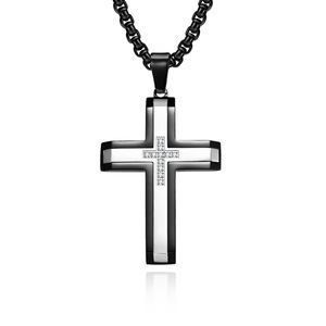 Unisex Black Gold Two-tone Stainless Steel Punk Zircon CZ Stones Geometric Cross Pendant Dainty Chain <strong>Necklace</strong> For Men - Product Image 1