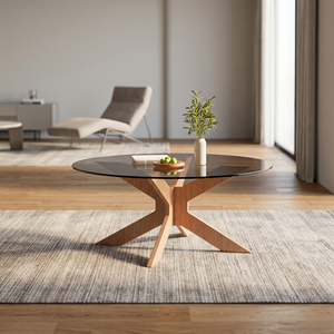 Table basse ronde moderne avec plateau en verre trempé, base en bois, rotative, meubles de salon - Product Image 4