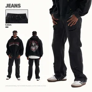 Высококачественные 100 хлопковые потертые джинсовые брюки на заказ расклешенные рваные черные джинсы брюки для мужчин
