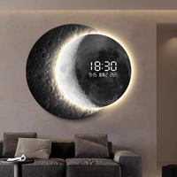 Tableau mural minimaliste Lune et Terre pour couloir, vision stéréo 3D, horloge numérique électronique ronde avec lumière LED