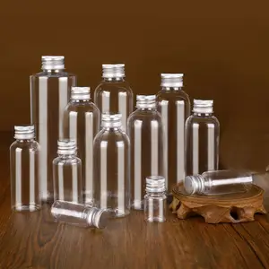 Botella redonda de plástico PET para loción, tapón de rosca de aluminio para viaje, 5ml, 10ml, 15ml, 20ml, 30ml, 50ml, 60ml, 80ml, 100-500ml