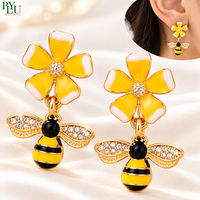 Boucles d'oreilles pendantes en alliage émaillé Abeille et Fleur Jaune avec strass, Bijoux floraux insectes pour femmes