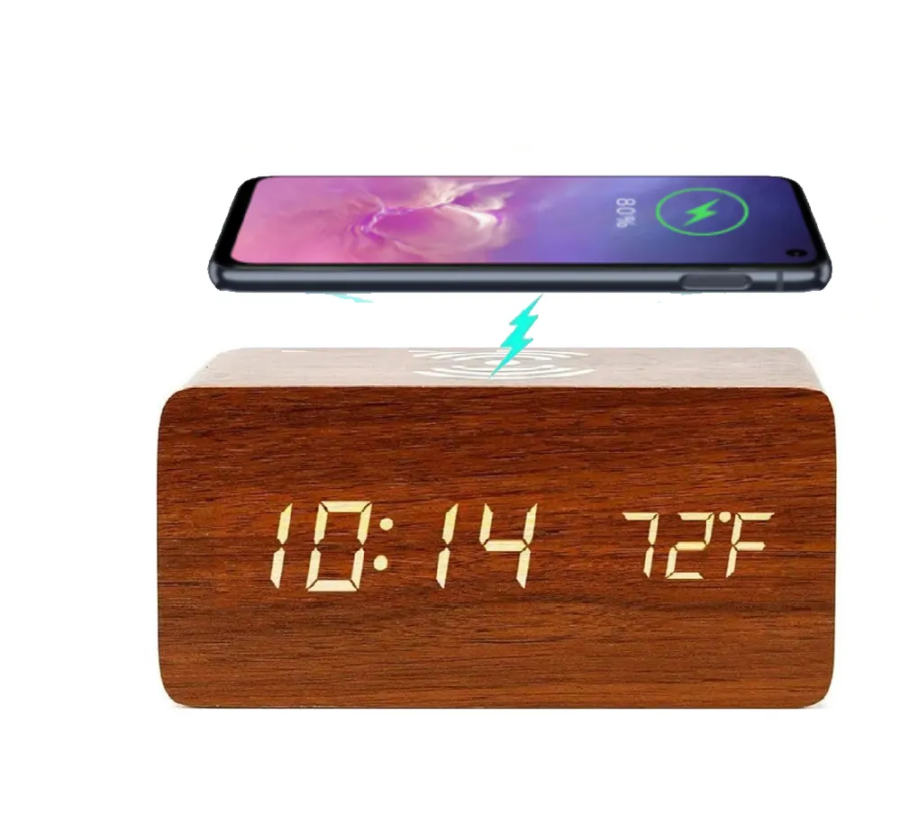 Led Digital Alarm Clock Snooze Voice Control Hand Wireless Charging New Product 2021 Popular Digital Clock Wooden