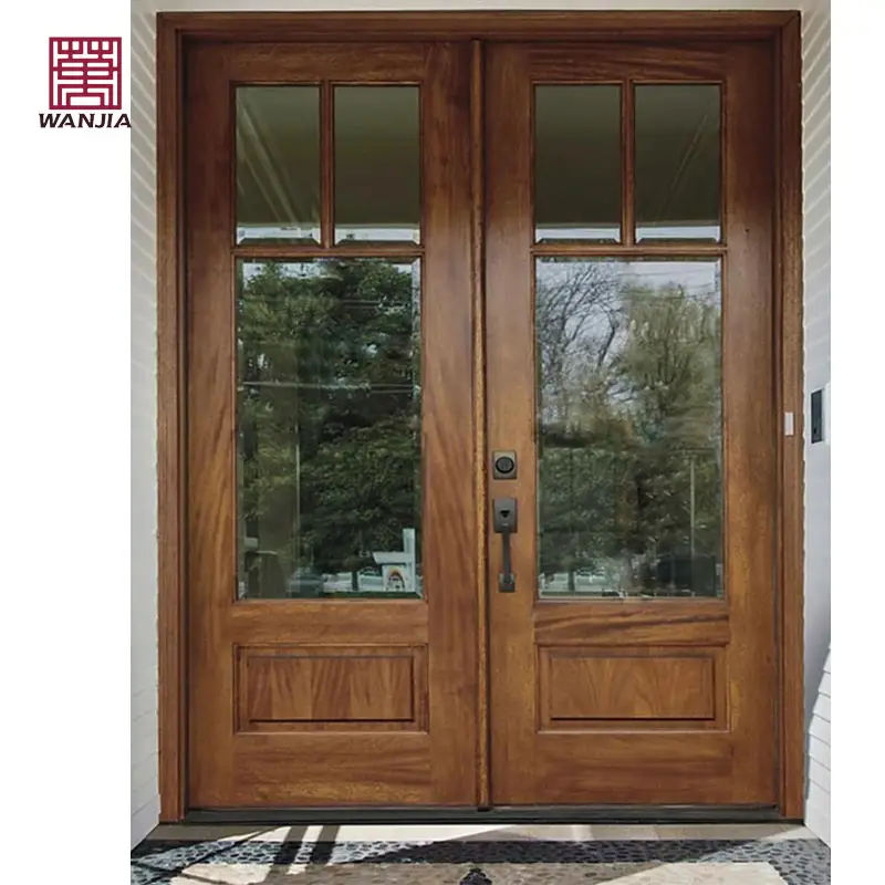WANJIA Custom כפול כניסת דלת מודרני עיצוב חיצוני זכוכית מוצק עץ מול דלתות כניסה