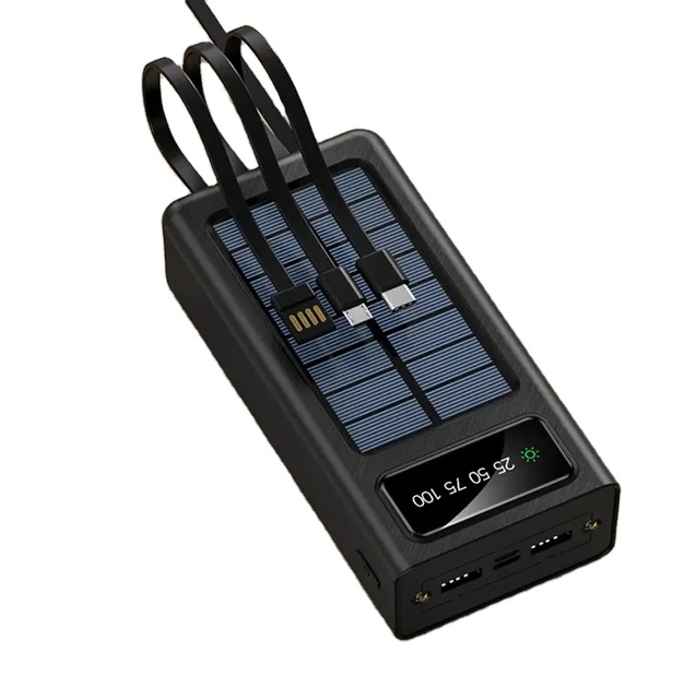 Hot Solar Power Bank Built in 4Cable 30000mAh Solar Charger Waterproof Battery External Portable Solar Panel With Led Light OEM