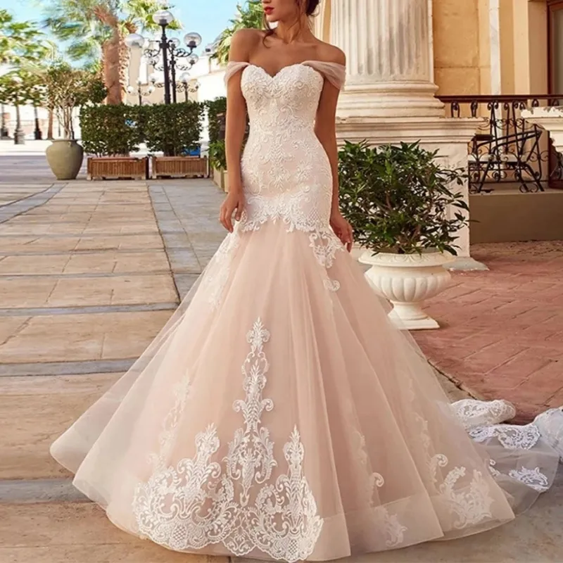 Mermaid Wedding Dresses Off Shoulder ren appliques Corset ren lên trở lại Tulle Champagne Bridal Gown đối với phụ nữ Vestido de novia