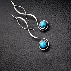 Boucle d'oreille longue Vintage pour femmes, bijoux bohèmes, en pierre Turquoise bleue ethnique, <span class=keywords><strong>pendentif</strong></span> - Product Image 4