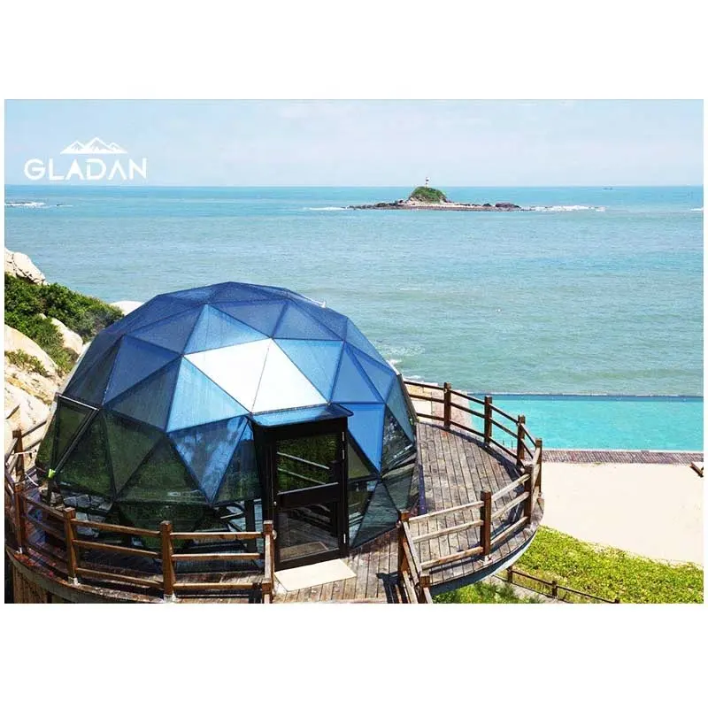 5M 6M Tenda Kubah Kaca Tempered Bingkai Aluminium Kecil Geo Dome Glamping Tenda Taman Igloo Rumah Tenda dengan Kamar Mandi