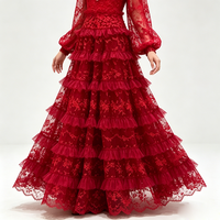 Robe longue trapèze rouge unie en dentelle pour femme, col rond, manches longues, taille haute, jupe à volants superposés en tulle fluide, pour soirée d'automne ou mariage