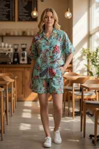Conjunto de Pijama de Algodón con Estampado Floral Verde para Mujer, Camiseta de Manga Corta y Pantalones Cortos, Ropa de Dormir y para Estar en Casa - Product Image 1