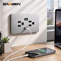 Interrupteur mural et prise de courant de la marque BAOBEN avec panneau en aluminium brossé, 16A, 250V, interrupteur à bascule et prise, pour usage domestique