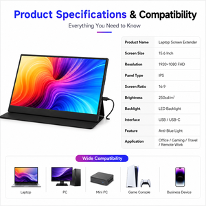 Moniteur portable FHD IPS de 15,6 pouces, extension d'écran USB C HDMI, deuxième écran pour <span class=keywords><strong>ordinateur</strong></span> portable, 16:10 60Hz, pour le travail, les jeux, les réunions - Product Image 3