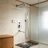 Système de douche dissimulé en laiton chromé à trois fonctions, avec grande buse de pluie carrée et douchette à main rotative pour baignoire