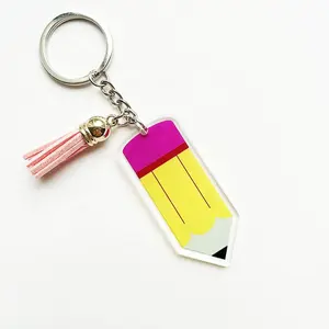 Großhandel bagcharm keychain furball-Personal isierte Lehrer Quaste Kunststoff klar Acryl Bleistift Bag charm Schlüssel bund Furball