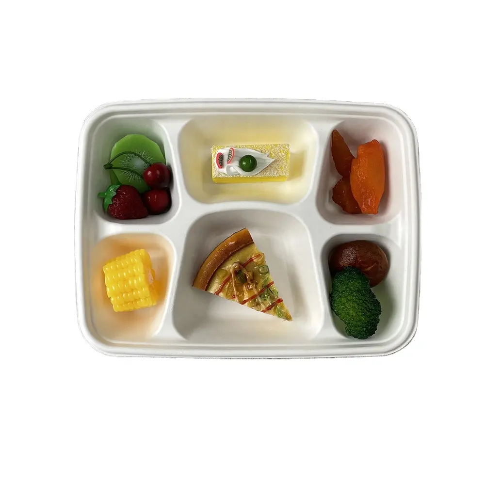 Aangepaste Afdrukken Logo Wegwerp Suikerriet Bagasse 11Inch 6-Compartiment Lunch Trays Voor School En Party