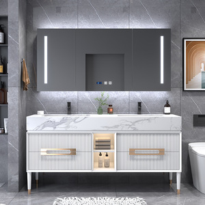 Meuble de salle de bain moderne en ardoise, simple, monobloc, lavabo en bois massif, style luxe léger, salle de bain intelligente haut de gamme - Product Image 3