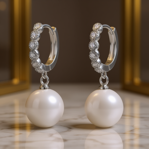 Orecchini Pendenti E3974 in Oro Bianco con Perle, Montatura in Oro 18K, Perle Coltivate Rotonde AAA, Stile Classico da Sposa per Donna - Product Image 2