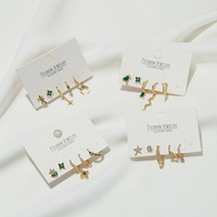 Juego de 5 Pendientes de Aro de Metal con Circonita Verde, Diseño de Gecko, Búho, Dinosaurio, Joyería de Animales, Pendientes Colgantes de Latón con Baño de Oro de 18k para Mujer