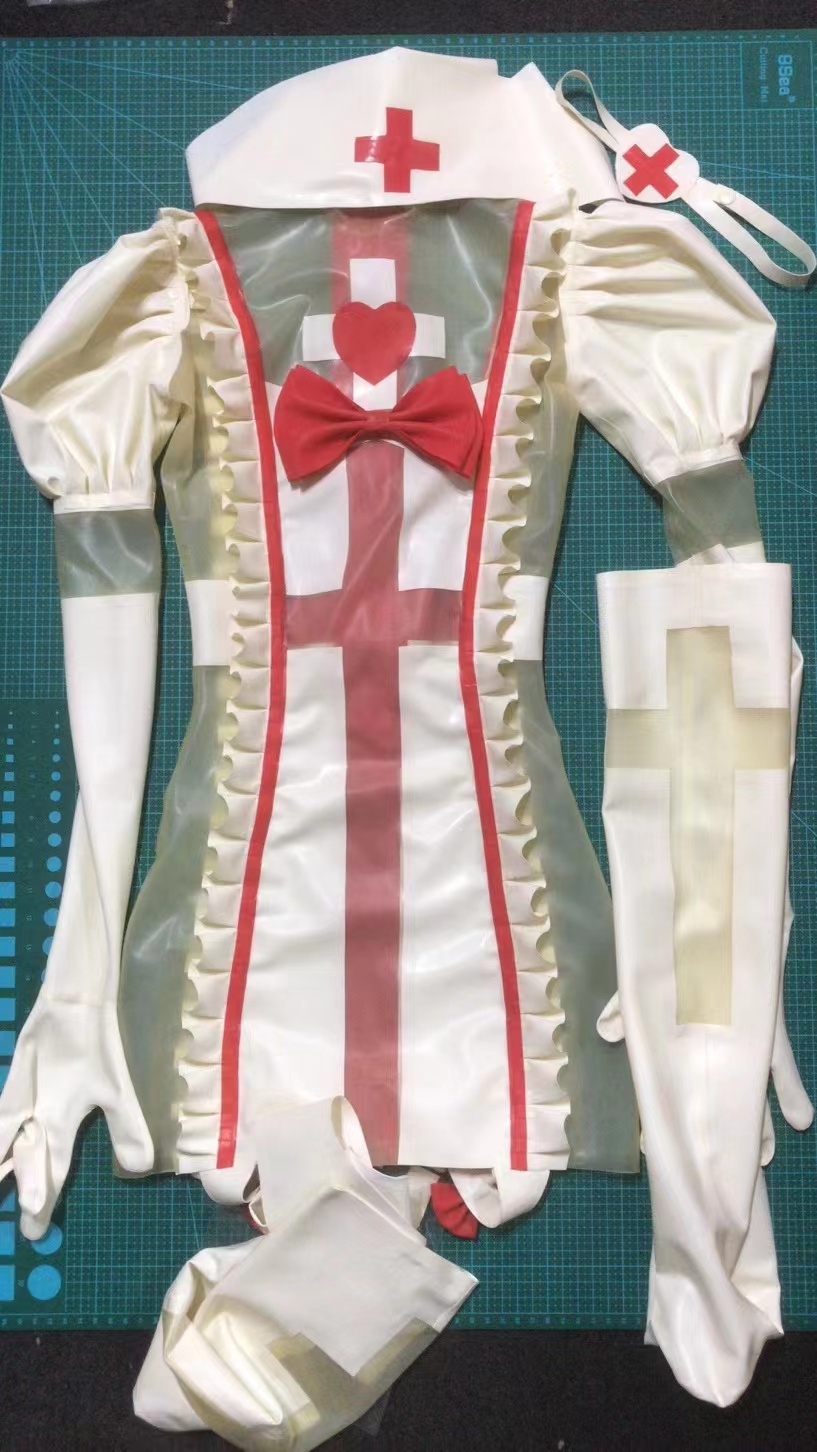 Elegant White and Red Latex Nurse Dress for Women | Perfect for Costumes and Adult Events Elegant White and Red Latex Nurse Dress for Women | Perfect for Costumes and Adult Events